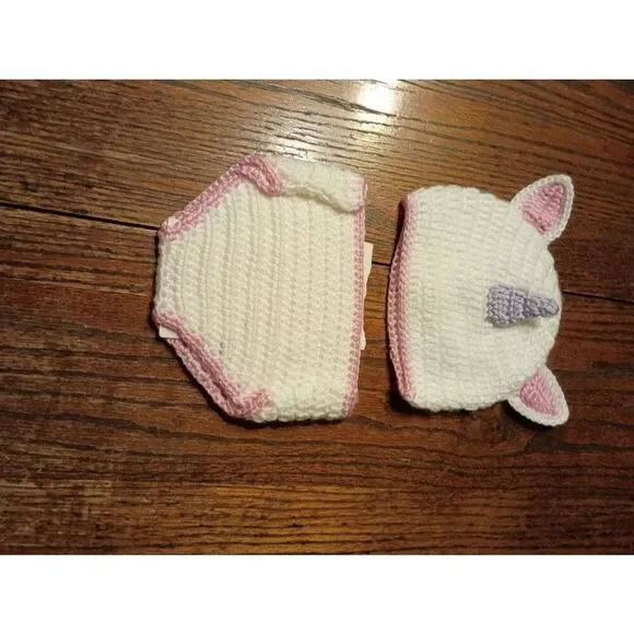 New 0-3 Month Crocheted Unicorn Hat Cap and Diaper Cover White Pink Purple Blue