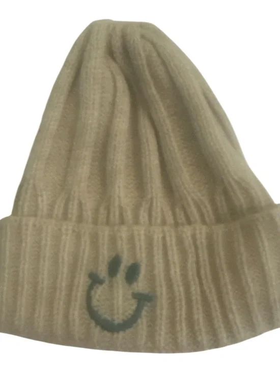 MiniOlie Beanie Baby Boy Girl Tan Rib Knit Hat with Smile Face One Size Stretchy