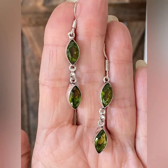 Handmade Real Peridot and 925 Sterling Silver Drop Double Tier Earrings
