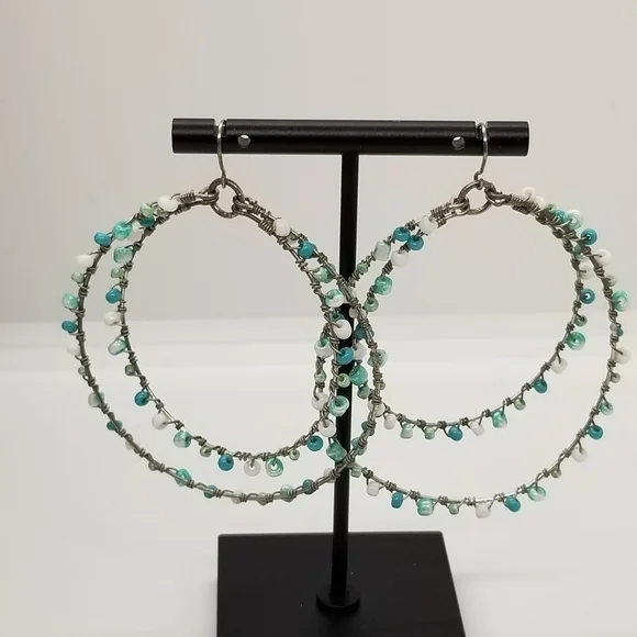 Double hoop wrapped beaded dangle earrings