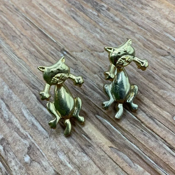 Cat Kitten Vintage Korea Gold Tone Ear Jacket Dangle Stud Earrings
