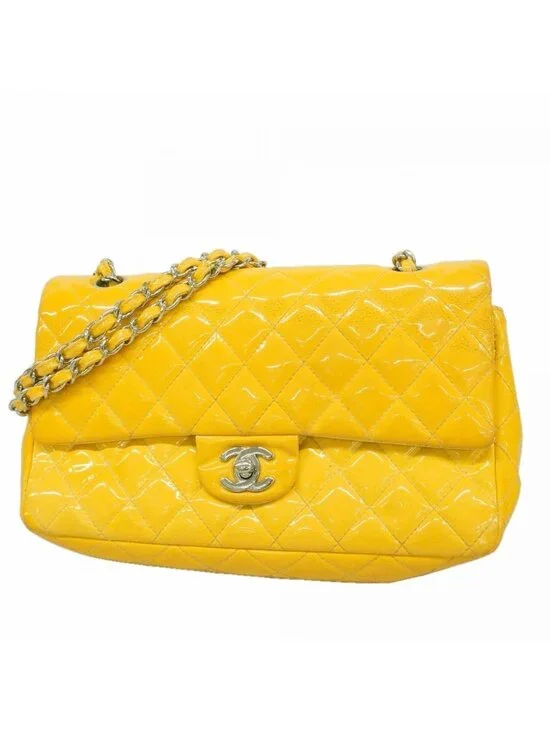 Chanel Shoulder Bag Quilted Patent Leather Yellow Silver