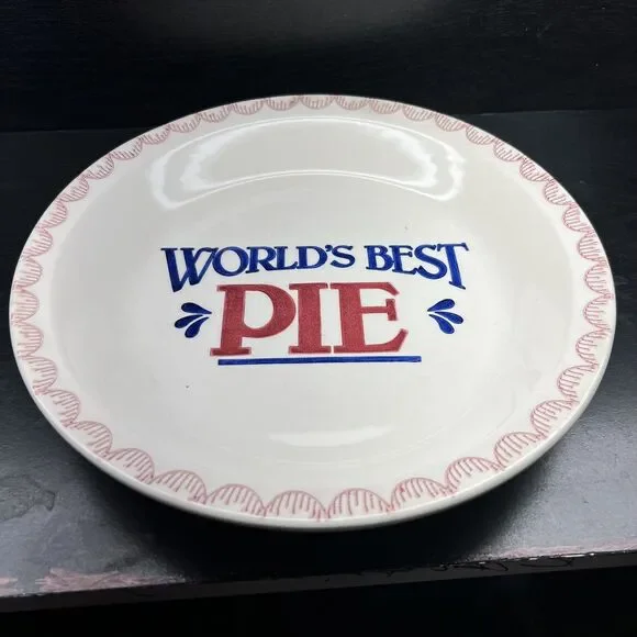 Mount Clemens Stoneware Pottery WORLDS BEST PIE Plate 10.5” Red White Blue Japan