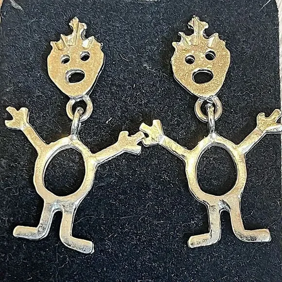Vintage Silver Metal Happy People Dangle Stud Earrings