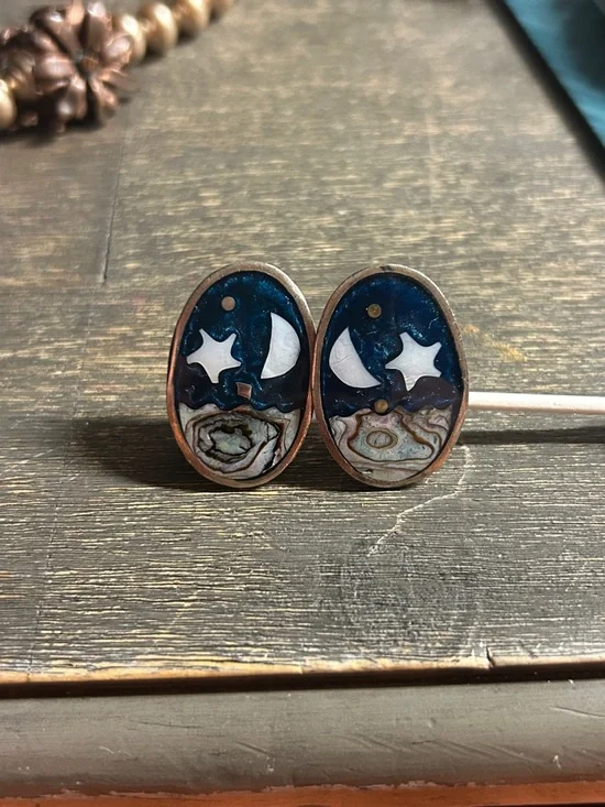 vintage earrings celestial scene abalone shell, blue enamel,shell moons & stars.