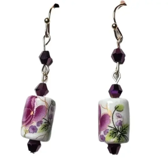 Purple flower earrings handmade ceramic bead