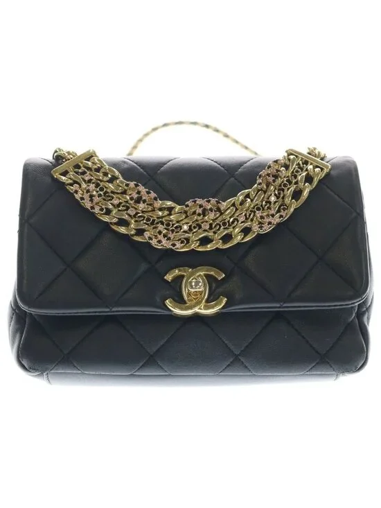 Chanel Chain Shoulder Bag Quilted CC Logo Black Lambskin Gold