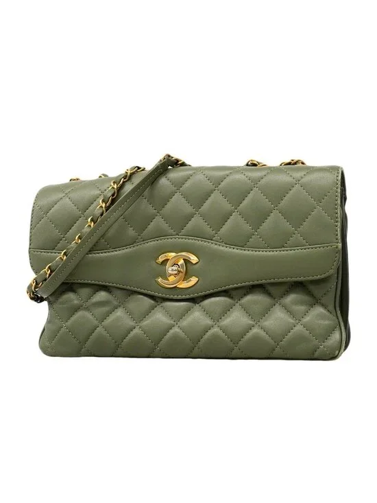 Chanel Shoulder Bag Quilted Lambskin Green Gold