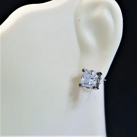 Vintage Cubic Zirconia Stud Earrings 7 mm Square Princess Cut Clear Unisex