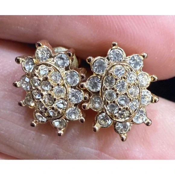 Vintage Gold‎ Tone Rhinestone Sunburst Flower Stud Earrings Retro Statement