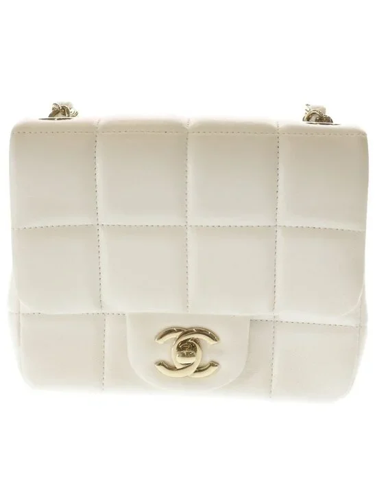 Chanel Choco Bar Mini Flap Lambskin Leather Chain Shoulder Bag Gold White
