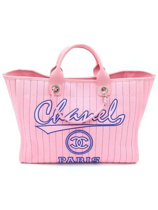 Chanel Deauville GM Canvas Leather Silver 2-Way Chain Tote Plate Pink