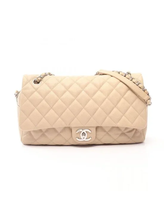 Chanel Shoulder Bag Deca Quilted Single Flap Light Beige Caviar Leather Chain