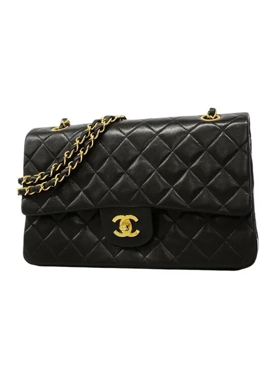 Chanel Shoulder Bag Quilted Lambskin Black Gold