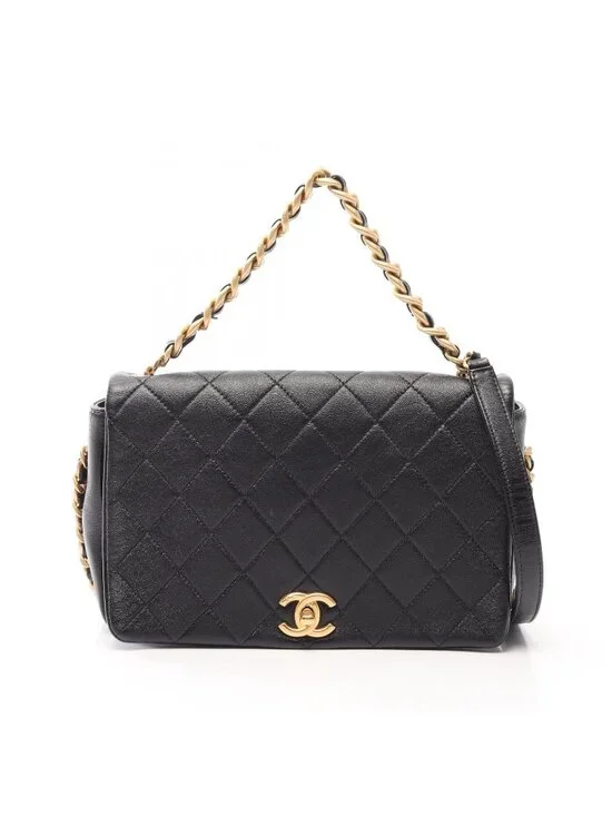 Chanel Shoulder Bag Quilted 2-Way Black Leather Full Flap Chain