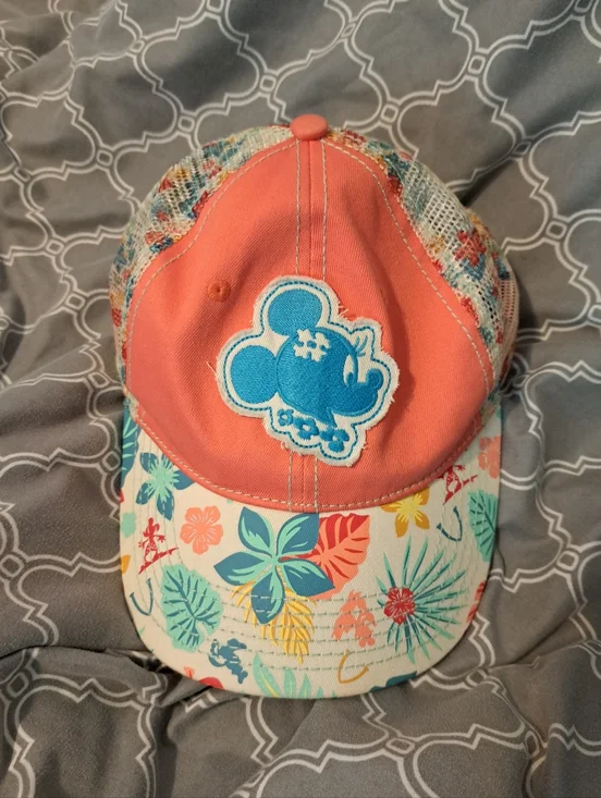 Disney Coral & Floral Trucker Hat with Blue Minnie Mouse Patch