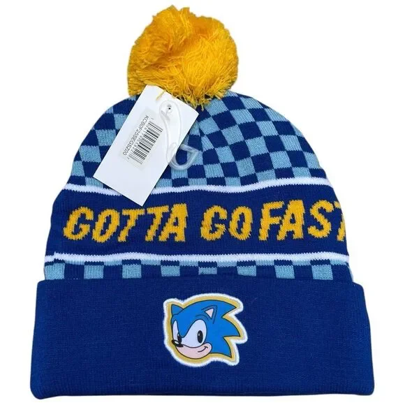 Sonic The Hedgehog Gotta Go Fast Cuffed Pom Beanie Hat Blue nwt stocking stuffer