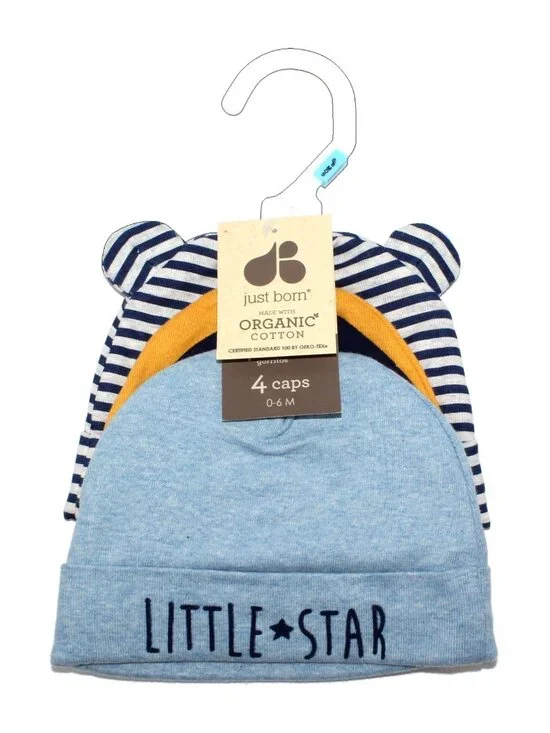 Just Born Baby Boys' 4-pk 100% Organic Cotton Solid Stripes Printed Baby Caps
