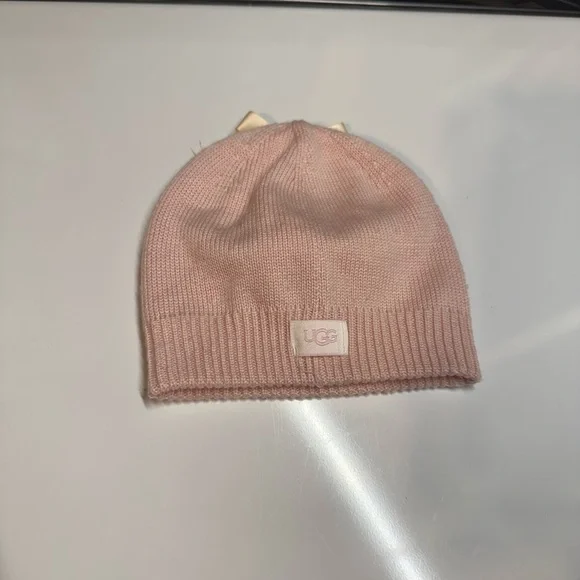 UGG Blush Pink Knit Beanie Hat | Satin Bow Detail | infant