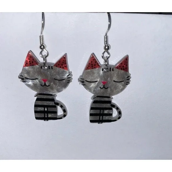 Earrings Dangle Cat Kitty‎  Wearing Prison Blues Cartoon Whimsical Comical Funny