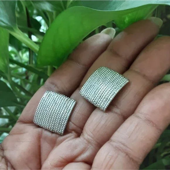 NAPIER Ribbed Silver Tone Square Screw Back Clip On Earrings