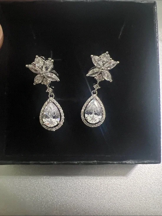 Classic Silver Crystal Teardrop Drop Earrings - White