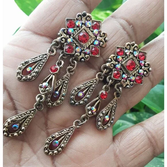Victorian Styled Red Crystal | AB Chandelier 3 Dangle Clip-On Earrings - Vtg