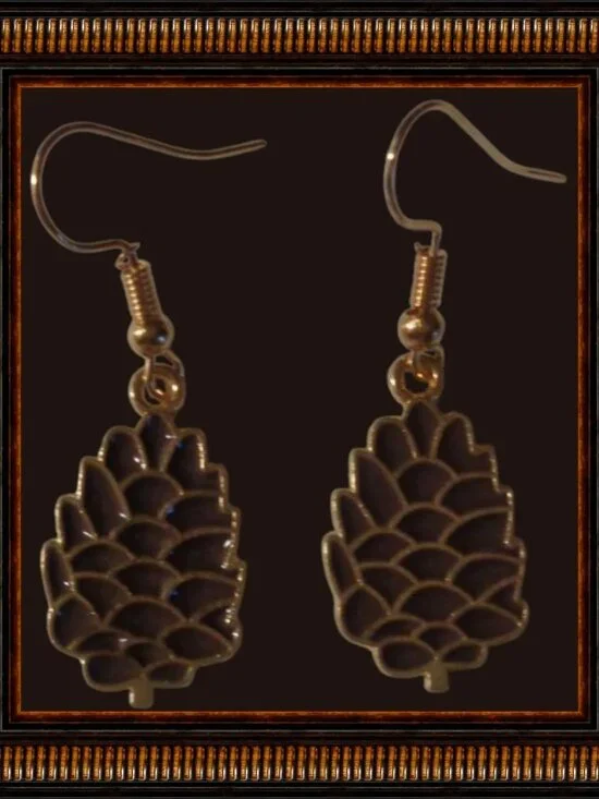 Gold Tone & Brown Pine Cone Theme Dangle Earrings