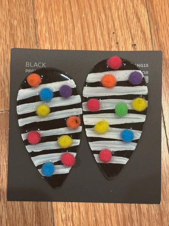 NEW! HANDMADE Black White Striped Earrings with Multicolor Pom Poms