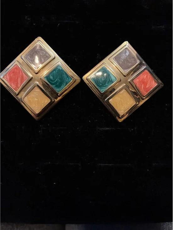 Vintage 1980s Retro Color Block Geometric Square Enamel Post Earrings Gold Tone