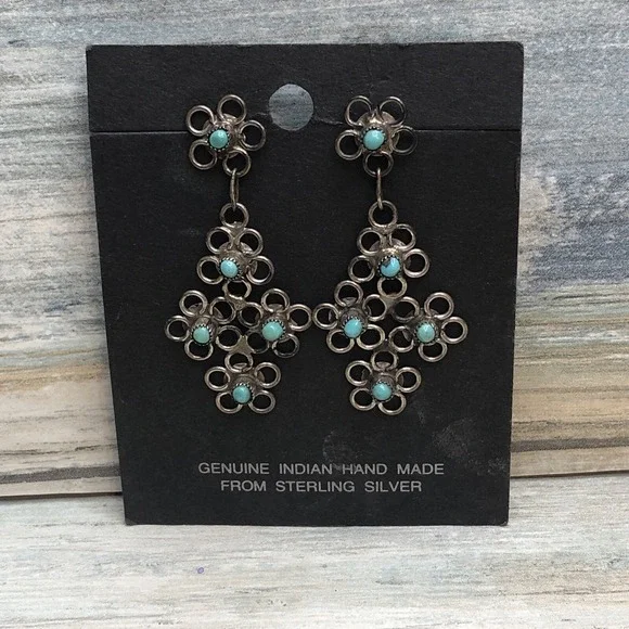 Zuni Flower Native American Indian Earrings Dangle Drop Silver Turquoise‎