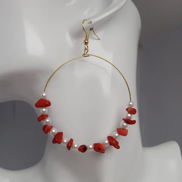 Vibrant Red Coral and Faux Pearl Beaded Hoop Earrings