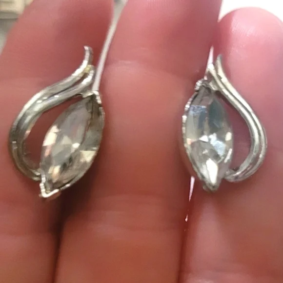 Earrings Screw on clip Silver plated Marquis cut cubic zirconia Vintage