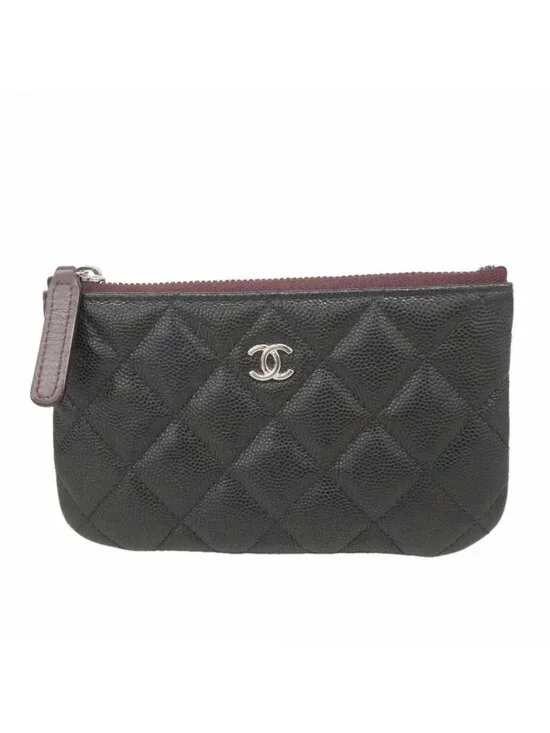 Chanel Pouch Quilted Caviar Leather Black Silver