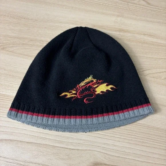 Dragon Hat Beanie Fitted Black Red Gray Embroidered‎ Flames Knit Youth Winter