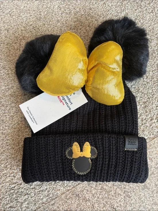 Disney Love Your Melon Kids Black Beanie with Gold Bow and Black Pom Poms