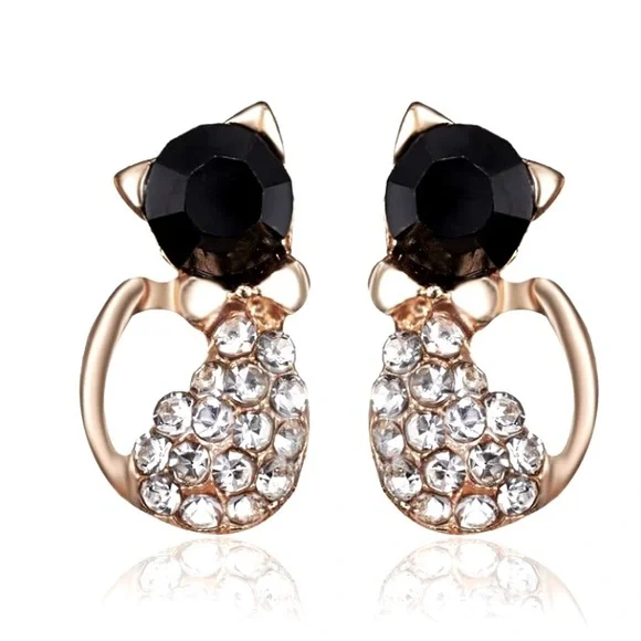 NWT Cute Dainty Kitty Cat Pierced Earrings Gold With Crystal & Black Stones