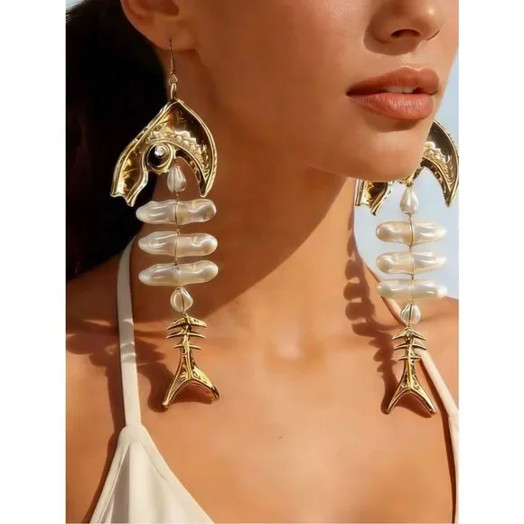 Gold and Pearl Fishbone Drop Earrings A1667