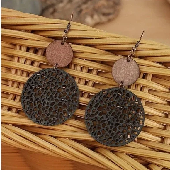 Black Brown Wooden Leather‎ Boho Dangle Drop Earrings Circles Lightweight