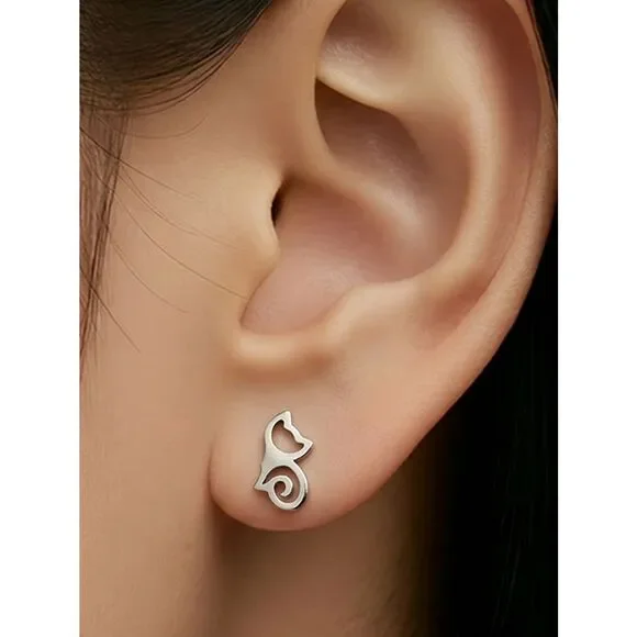 Cat Outline Stud Earrings Dainty Stainless Steel Minimalist Pet Lover Silver