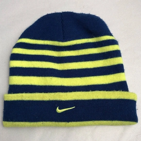 Nike dark blue and neon yellow unisex knit beanie hat 8-20