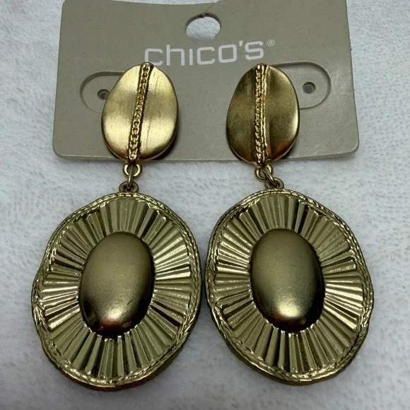 Chico's Matte Gold Tone Oval Sunburst Drop Dangle Statement Earrings Mature NWT‎