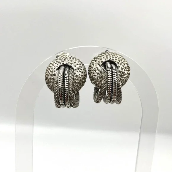 Vintage‎ Silver Tone Mesh and Snake Chain Textured Dome Clip On Earrings