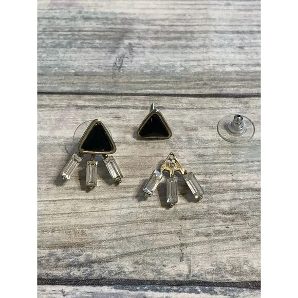 Black Gold Tone 3 pcs EARRINGS‎ Posts Triangle Rhinestones Costume Jewelry