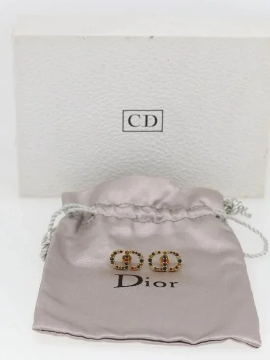 Christian Dior Rhinestone Pierce Earring metal Gold Tone Auth 168258M