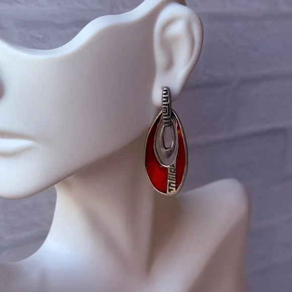 Vintage 1990s Chico's Red Jointed Statement Dangle Earrings Modernist Pierced‎