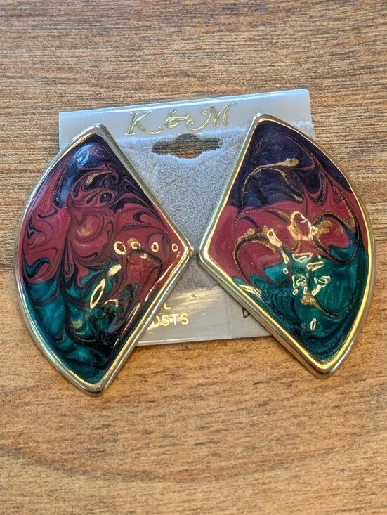 Vintage 1980's K&M Gold-tone Earrings With Teal/Purple/ + Red Enamel Swirling