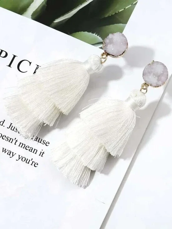 White Sparkling Stone Tassel Earrings Layered 3 Tier Crystal Boho Dangle Drop