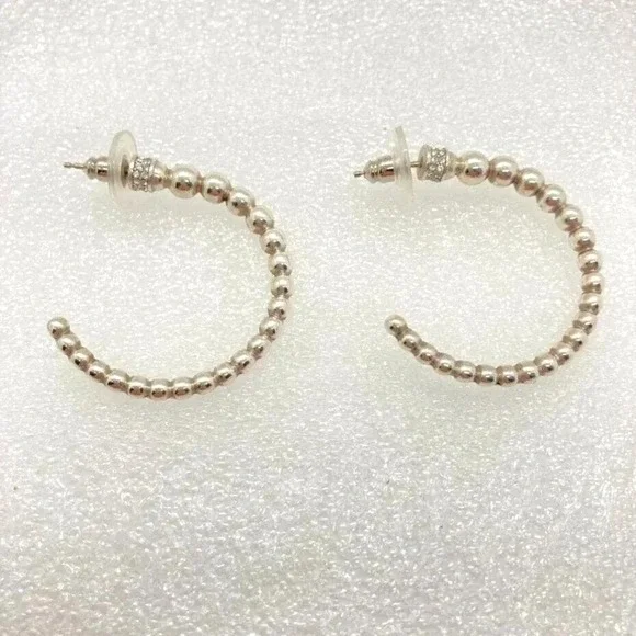 Silver Tone Beaded Open Hoop‎ Earrings Rhinestone Accent Womens Fashion Jewelry