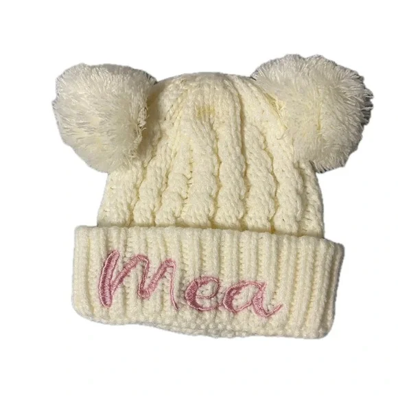 Unbranded Kids Cream Cable Knit Double Pom Pom Beanie Hat‎ Pink Mea Embroidery